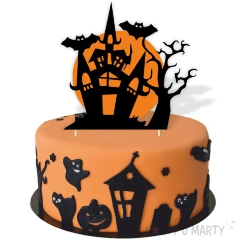 topper papierowy halloween zamek czarny i oranz 15x20 cm