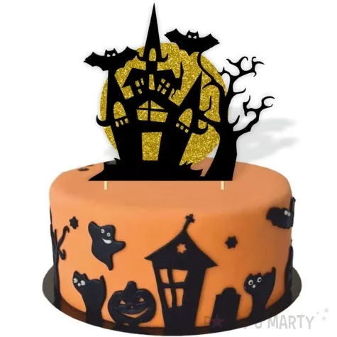 topper papierowy halloween zamek czarny i zloty brokat 15x20 cm