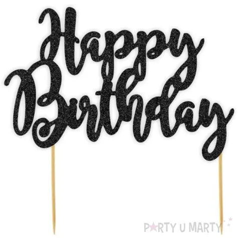 topper papierowy happy birthday czarny brokat 18x19 cm