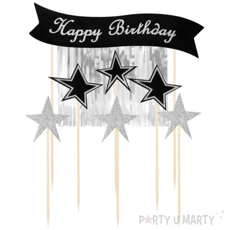 topper papierowy happy birthday gwiazdki i kurtyna czarno srebrny partypal 16 cm 7 szt