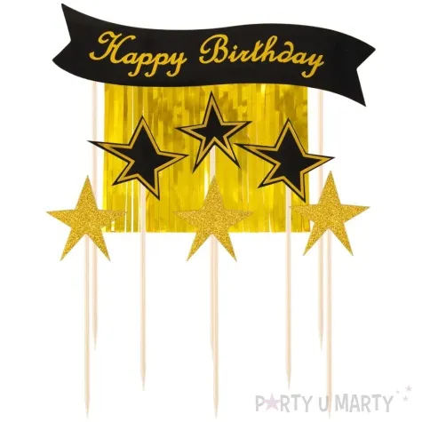 topper papierowy happy birthday gwiazdki i kurtyna czarno zloty partypal 16 cm 7 szt