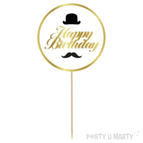 topper papierowy happy birthday kapelusz i wasy bialo zloty godan 10x20 cm