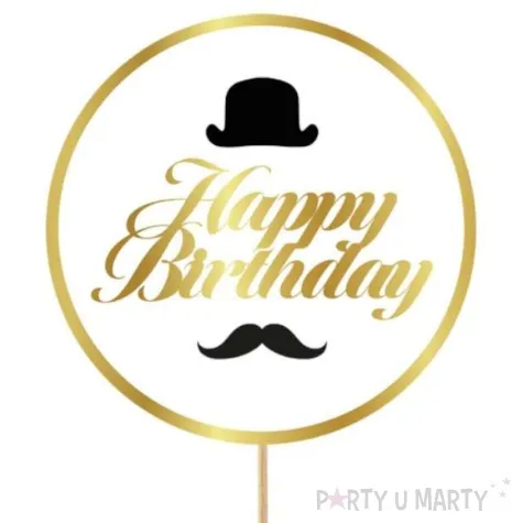 topper papierowy happy birthday kapelusz i wasy bialo zloty godan 10x20 cm