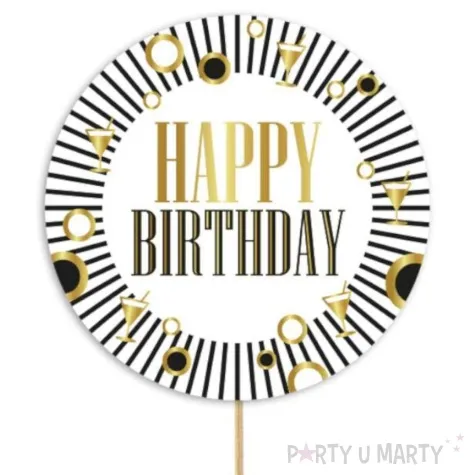 topper papierowy happy birthday paski i drinki bialo czarny godan 10x20 cm