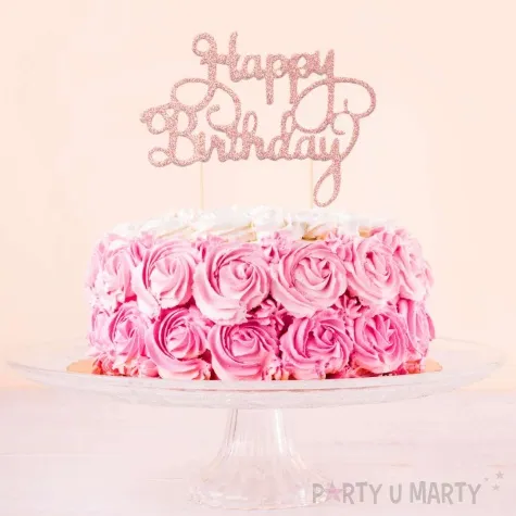 topper papierowy happy birthday rozowe zloto brokat partypal 22 5 cm