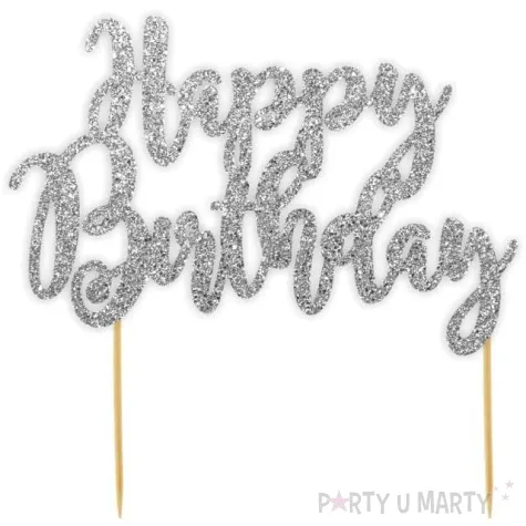 topper papierowy happy birthday srebrny brokat 18x19 cm