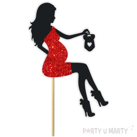 topper papierowy kobieta w ciazy spioszki czarny czerwony brokatowy 10x18 cm