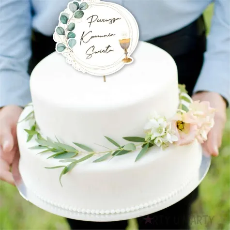 topper papierowy komunia eukaliptus z hostia 20 cm