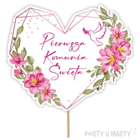 topper papierowy komunia rozowe serce 20 cm