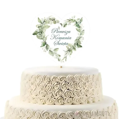topper papierowy na tort eukaliptusowe serce dekoracja na komunie swieta 20 x 10 cm