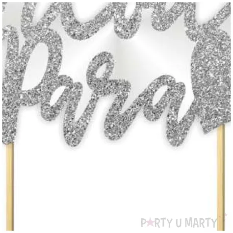 topper papierowy para mloda serce srebrny brokat 14 x 16 cm