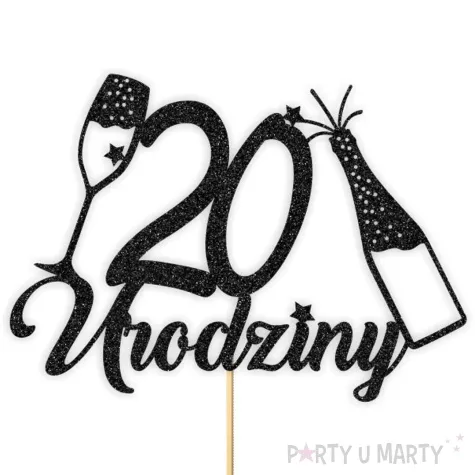 topper papierowy szampanskie 20 urodziny czarny brokat 15 x 19 cm
