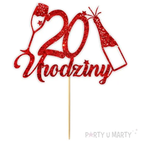 topper papierowy szampanskie 20 urodziny czerwony brokat 15 x 19 cm