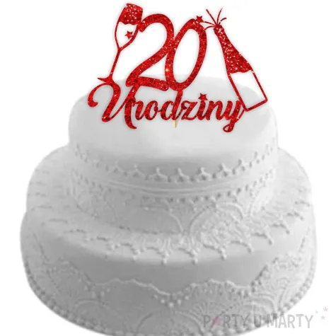 topper papierowy szampanskie 20 urodziny czerwony brokat 15 x 19 cm