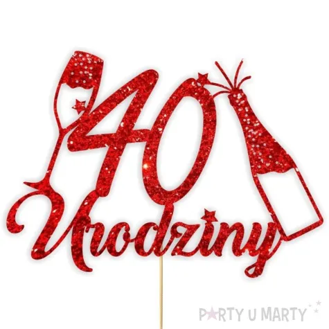 topper papierowy szampanskie 40 urodziny czerwony brokat 15 x 19 cm