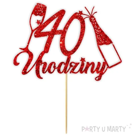 topper papierowy szampanskie 40 urodziny czerwony brokat 15 x 19 cm