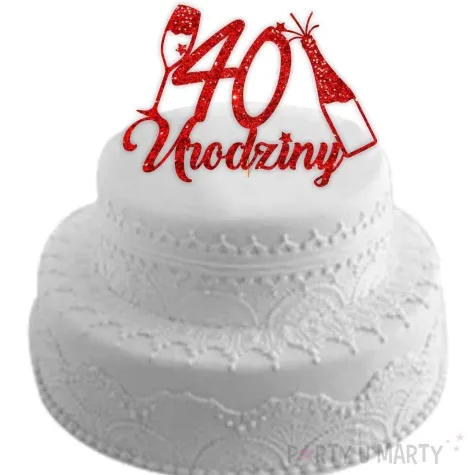 topper papierowy szampanskie 40 urodziny czerwony brokat 15 x 19 cm