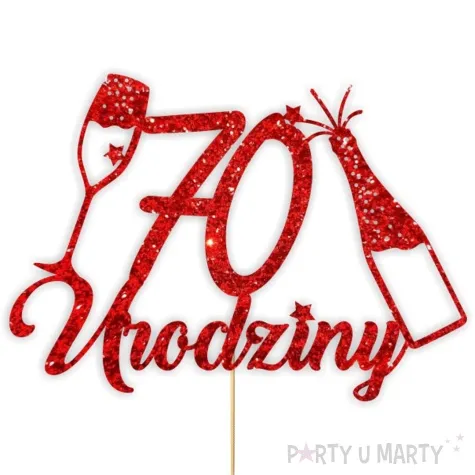 topper papierowy szampanskie 70 urodziny czerwony brokat 15 x 19 cm