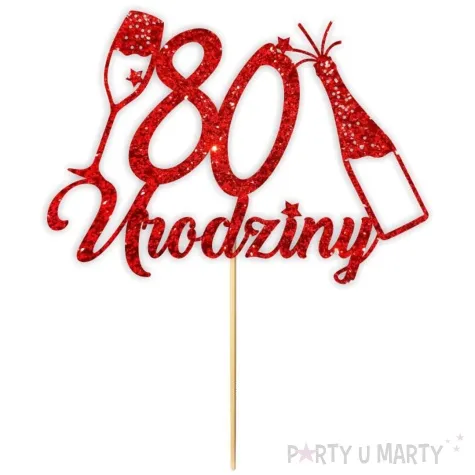 topper papierowy szampanskie 80 urodziny czerwony brokat 15 x 19 cm