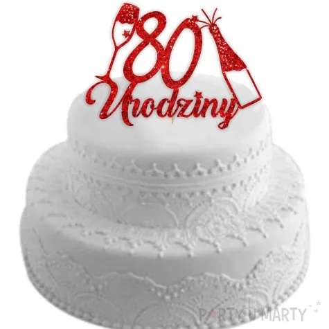 topper papierowy szampanskie 80 urodziny czerwony brokat 15 x 19 cm