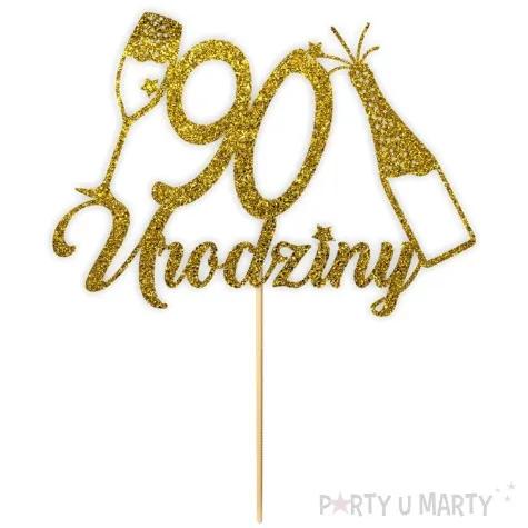 topper papierowy szampanskie 90 urodziny zloty brokat 15 x 19 cm