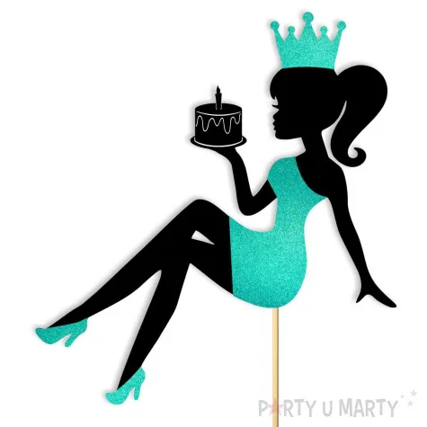 topper papierowy urodziny hot laska z torcikiem czarny turkusowy brokat 14 x 19 cm