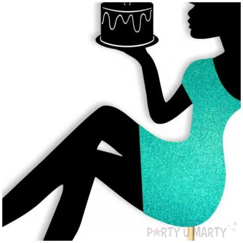 topper papierowy urodziny hot laska z torcikiem czarny turkusowy brokat 14 x 19 cm