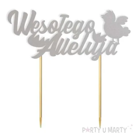 topper papierowy wesolego alleluja z kurczakiem srebrny 15 cm