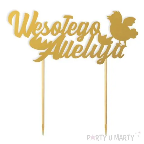 topper papierowy wesolego alleluja z kurczakiem zloty 15 cm
