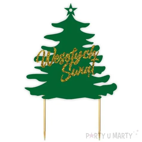 topper papierowy wesolych swiat choinka zielony ciemny i zloty brokat 14x19 5 cm
