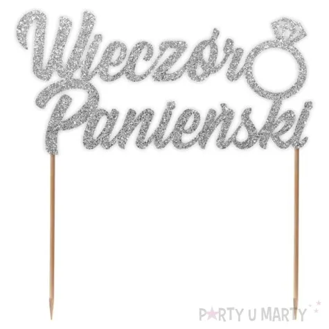 topper papierowy wieczor panienski z pierscionkiem srebrny brokat 15 5 x 16 cm
