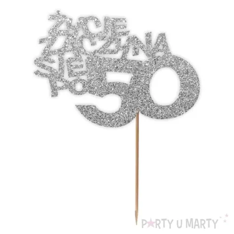 topper papierowy zycie zaczyna sie po 50 srebrny brokat 13 x 17 cm