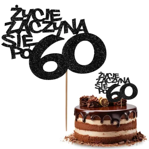 topper papierowy zycie zaczyna sie po 60 czarny brokat 13 x 17 cm