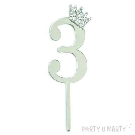 topper plastikowy cyfra 3 korona srebrna partypal