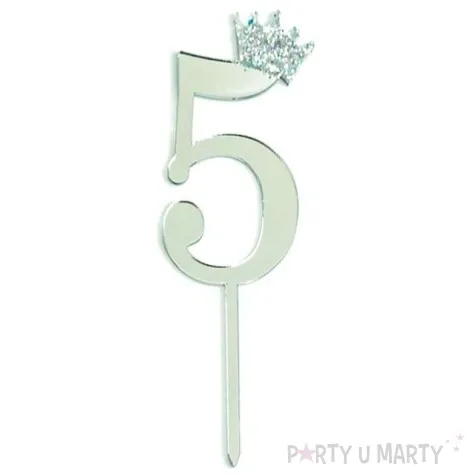topper plastikowy cyfra 5 korona srebrna partypal