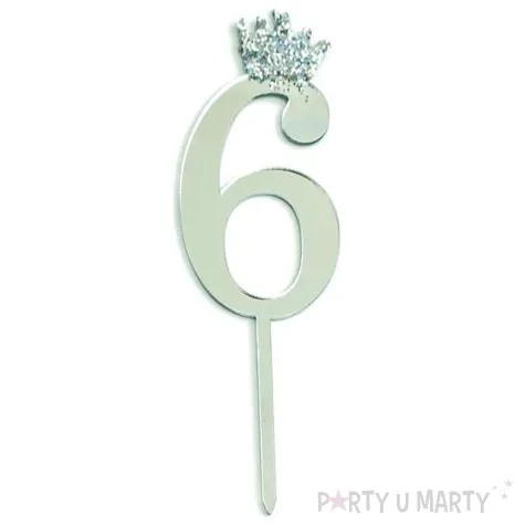 topper plastikowy cyfra 6 korona srebrny partypal 11 cm