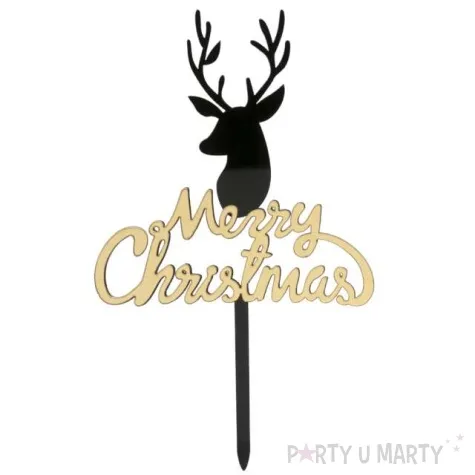 topper plastikowy merry christmas renifer czarno zloty dekora 16 5 cm