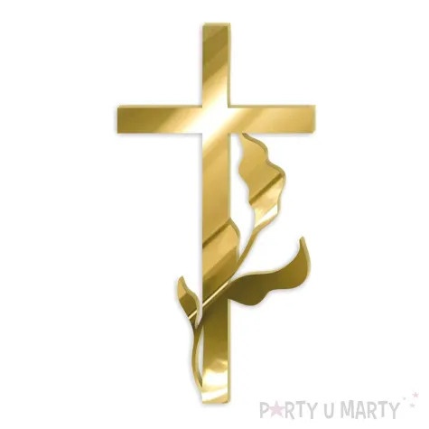topper z pleksy bok tortu krzyz z kwiatem zloty lustrzany 6x11 cm