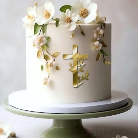 topper z pleksy bok tortu krzyz z listkami zloty lustrzany 7x11 cm