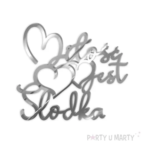 topper z pleksy bok tortu milosc jest slodka srebrny lustrzany 10x9 cm