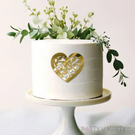 topper z pleksy bok tortu serce z listkami zloty lustrzany 9x8 cm