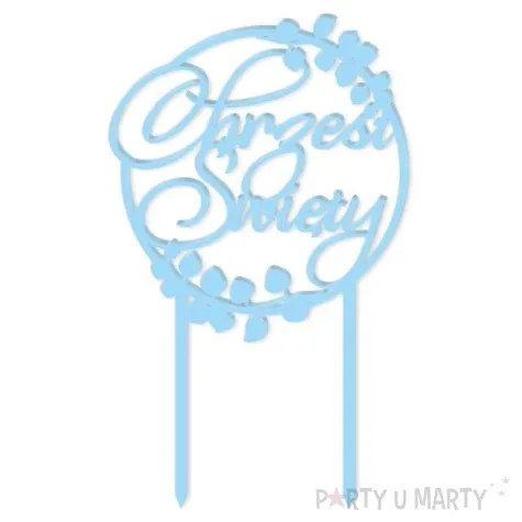 topper z pleksy chrzest swiety listki niebieski pastel 11 5 x 19 cm