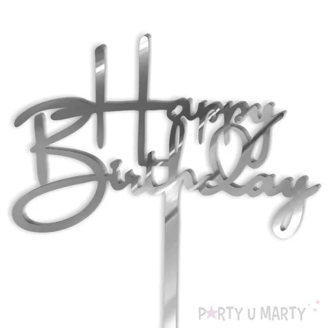topper z pleksy happy birthday srebrne lustro 15 5 cm