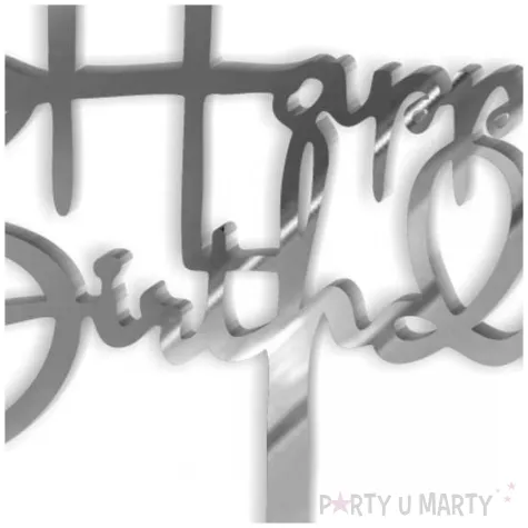 topper z pleksy happy birthday srebrne lustro 15 5 cm