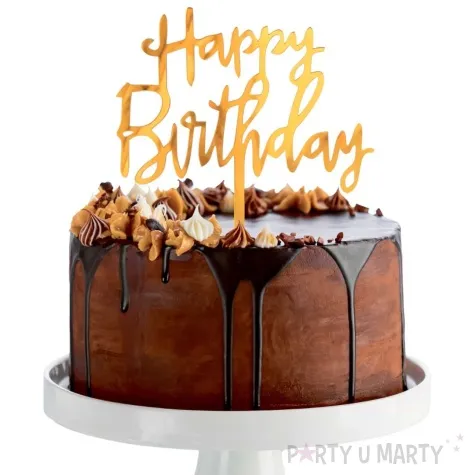 topper z pleksy happy birthday zloty lustrzany godan 14x10 cm