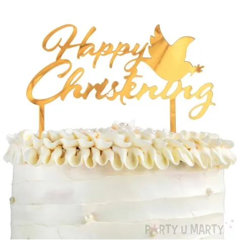 topper z pleksy happy christening golebica zloty lustrzany godan 12x19 cm