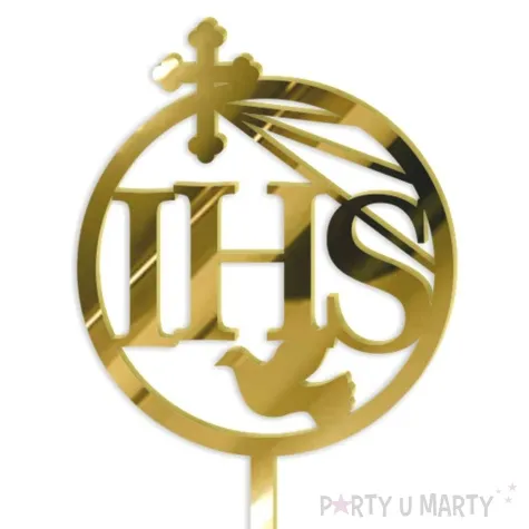 topper z pleksy komunia sw ihs z krzyzem zloty lustrzany 19 cm