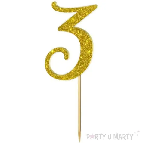 topper z pleksy liczba 3 zloty brokat 18 cm