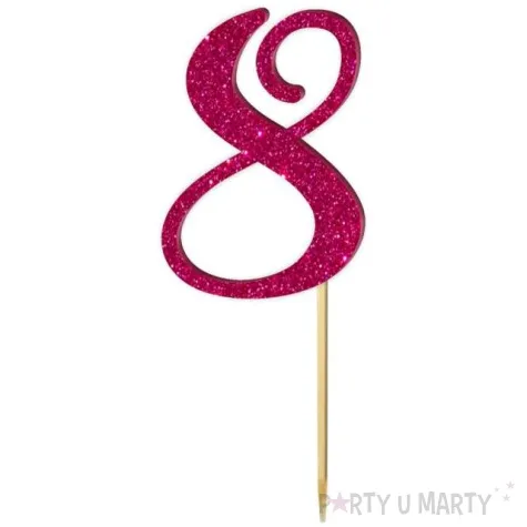 topper z pleksy liczba 8 rozowy brokat 18 cm