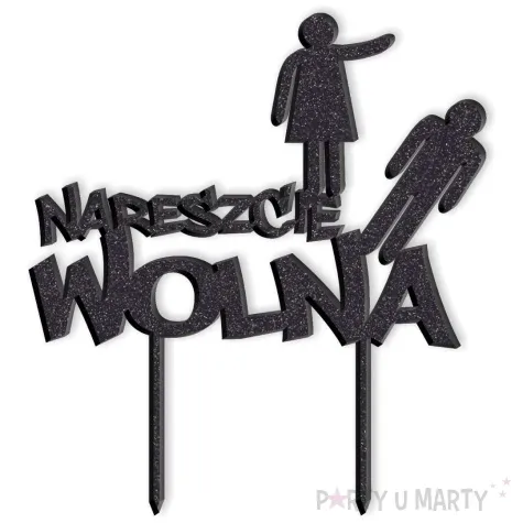 topper z pleksy nareszcie wolna czarny brokat 15 x 16 5 cm